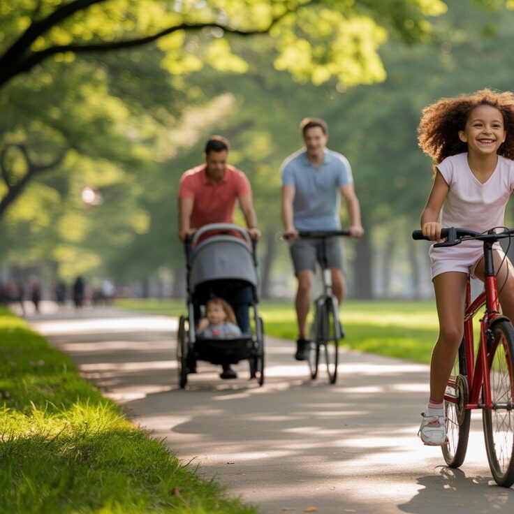 Persoane de diferite vârste la plimbare cu bicicleta în parc