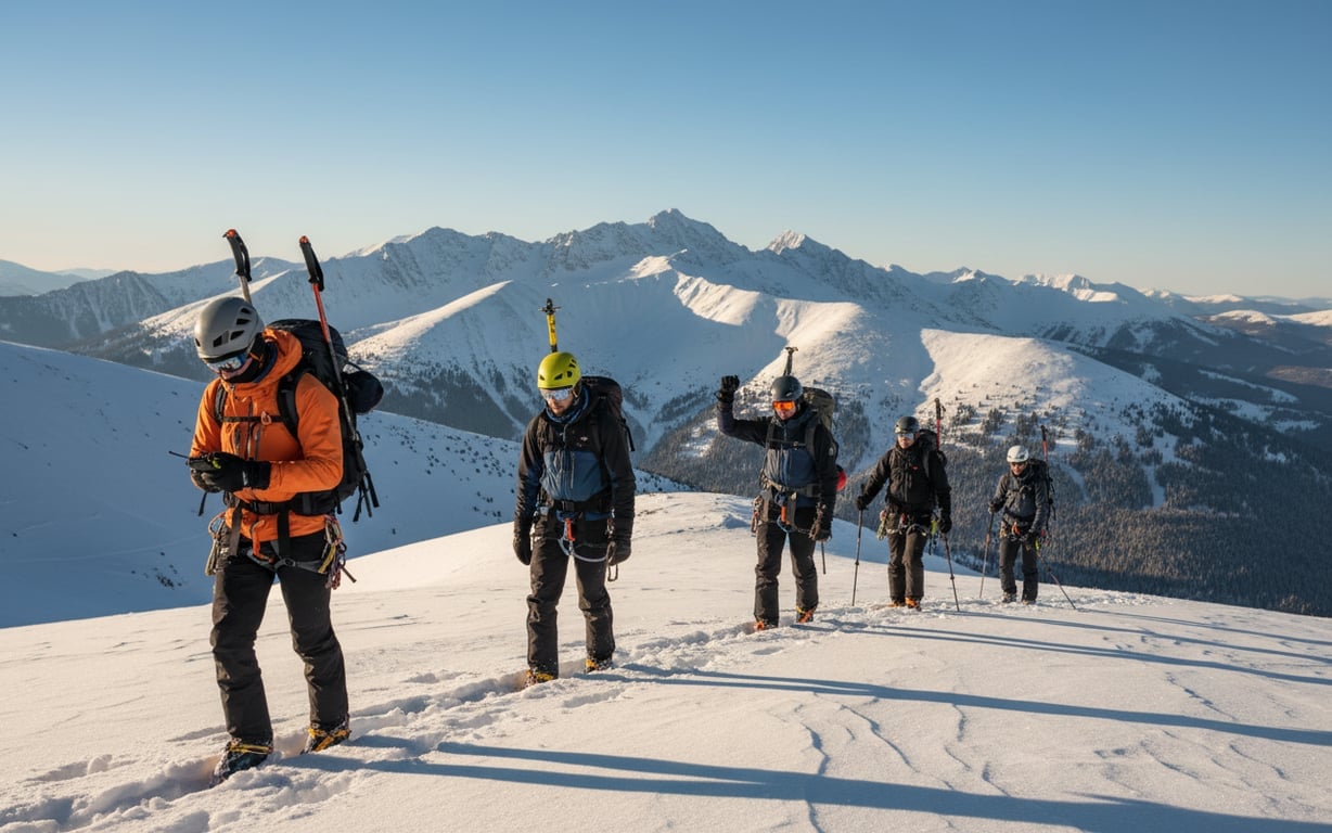 Echipă de alpiniști aplicând protocoale de siguranță pe versant montan